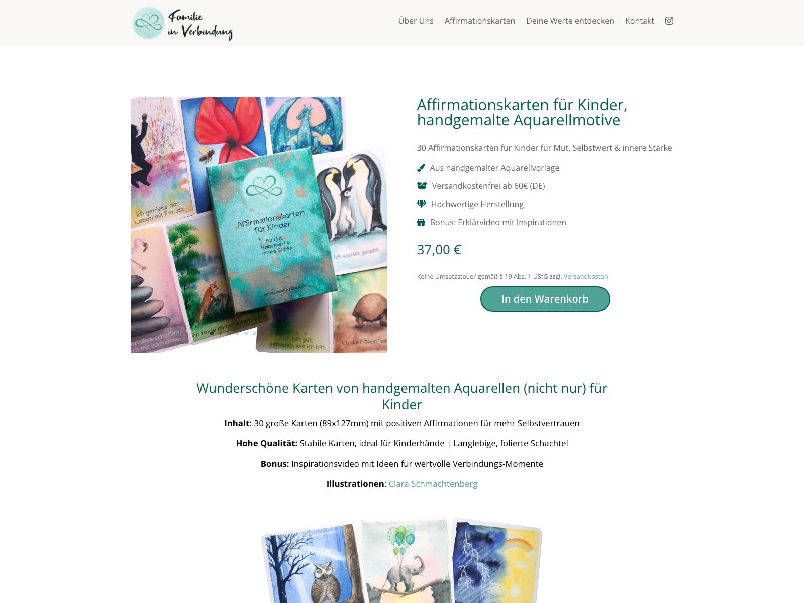Produktseite der Affirmationskarten mit Kartenfoto, Beschreibung, Preis und Warenkorb-Button.