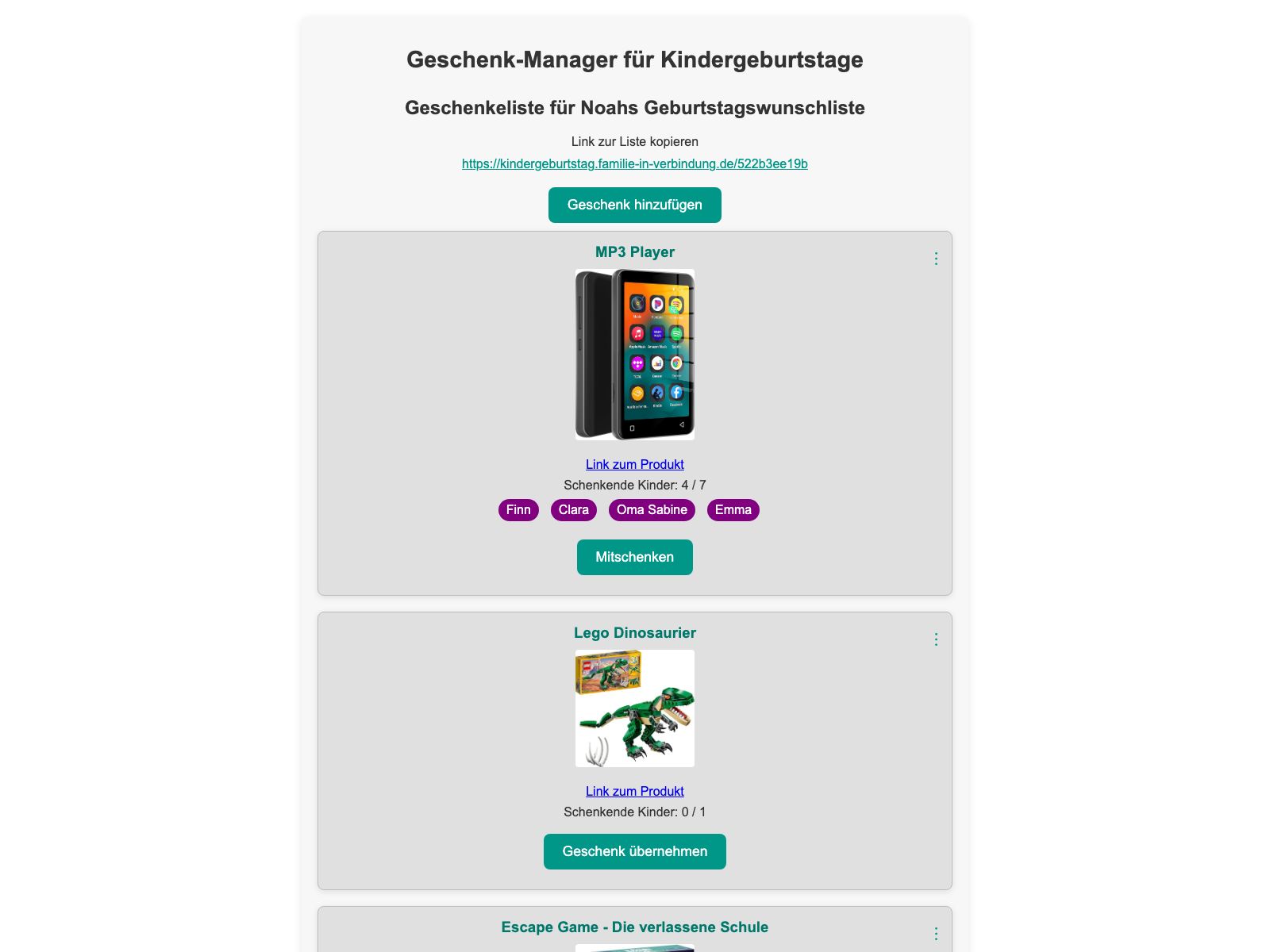 Der Geschenk-Manager mit einer Beispielliste: Geschenkkarten mit Produktbild, der Anzeige „Schenkende Kinder 4/7“, den Namen der Schenkenden und einem Button zum Mitschenken.