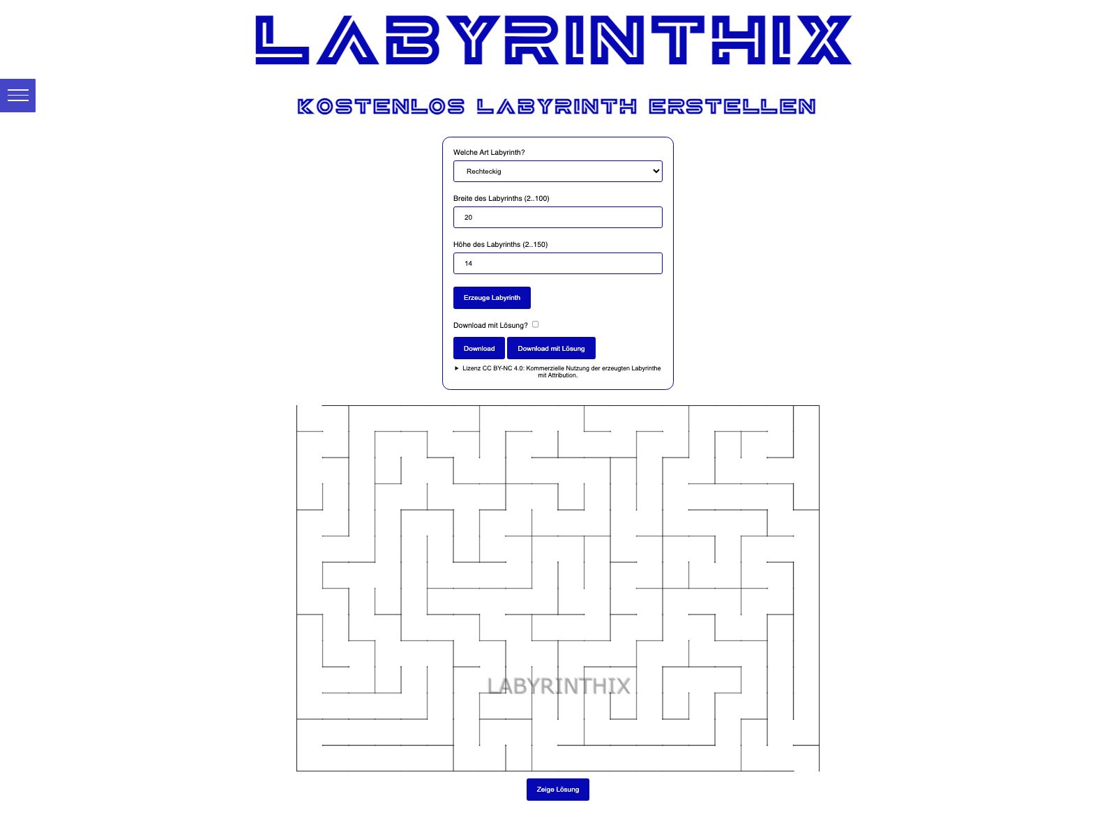 Labyrinthix: großer Schriftzug, ein kurzes Formular für Art und Größe des Labyrinths und darunter das erzeugte Labyrinth.